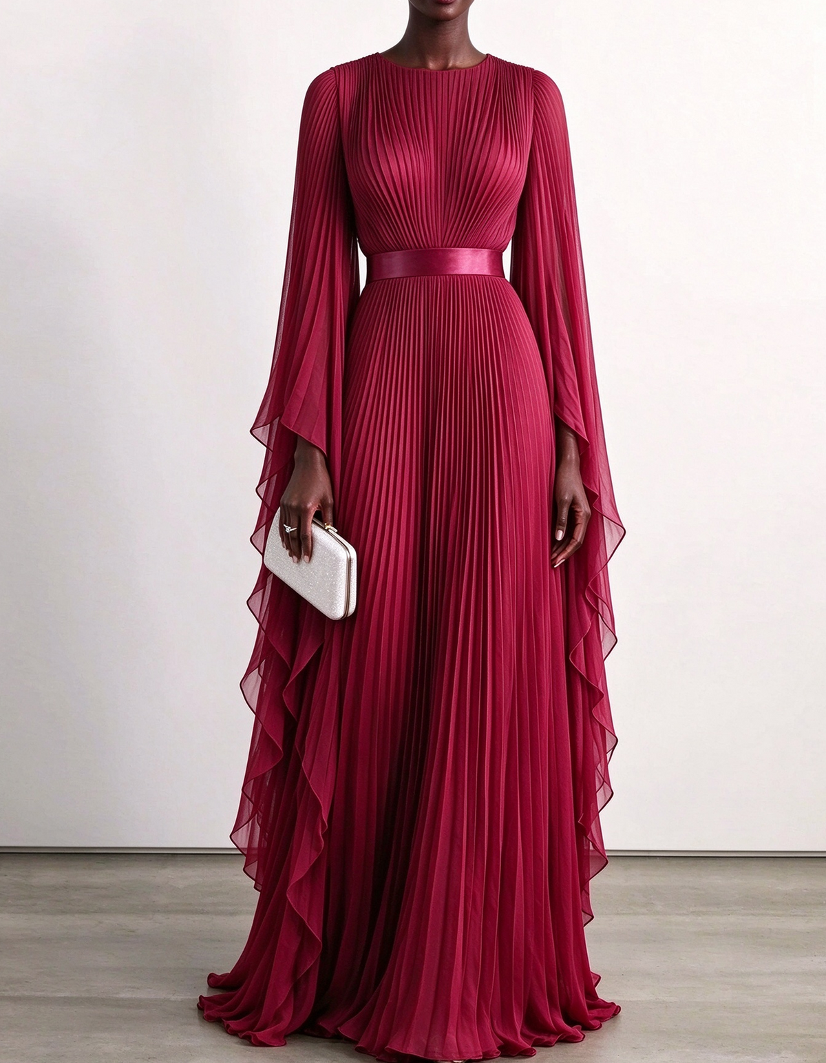 Pleated Chiffon Cape Sleeve Maxi Dress
