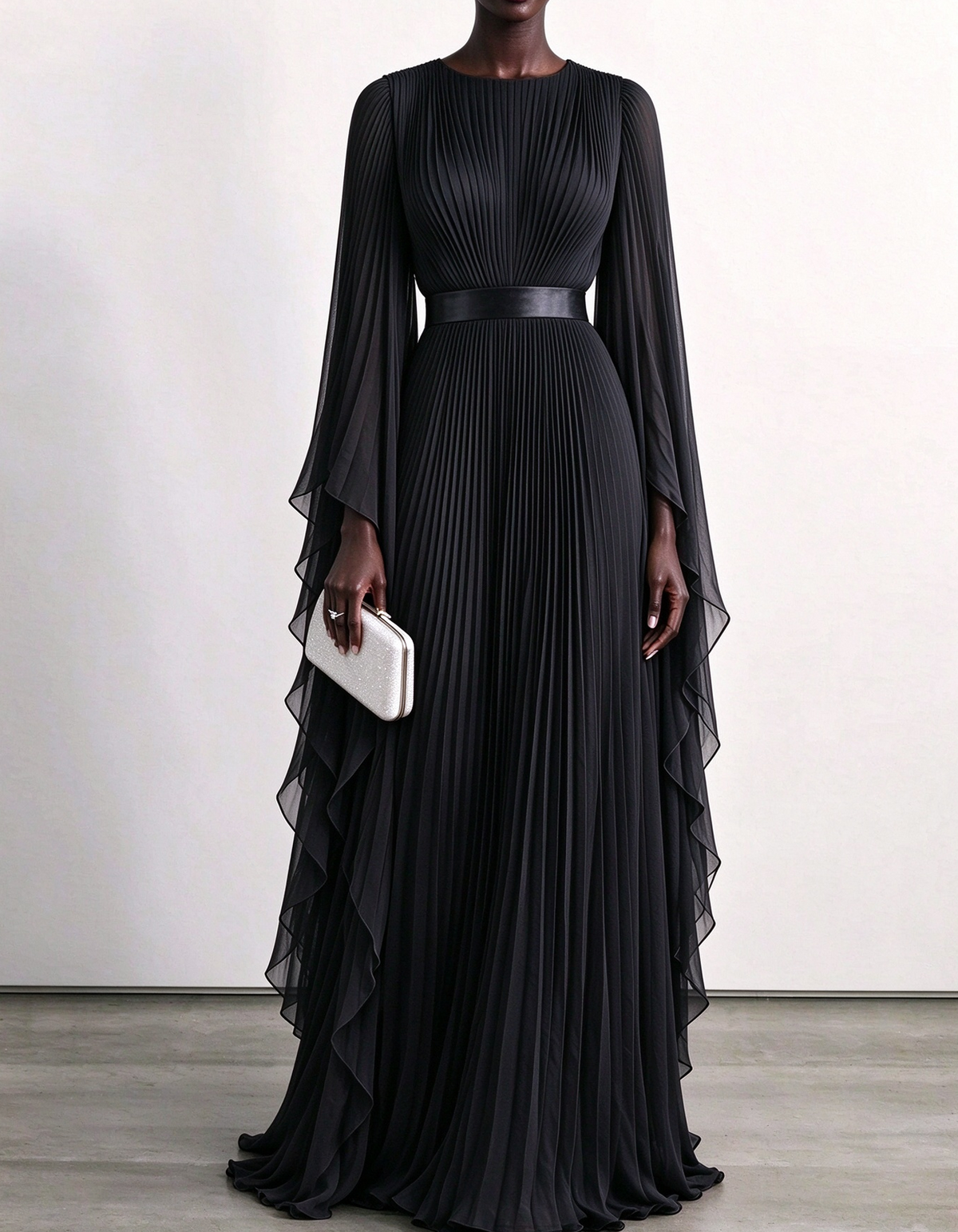 Pleated Chiffon Cape Sleeve Maxi Dress