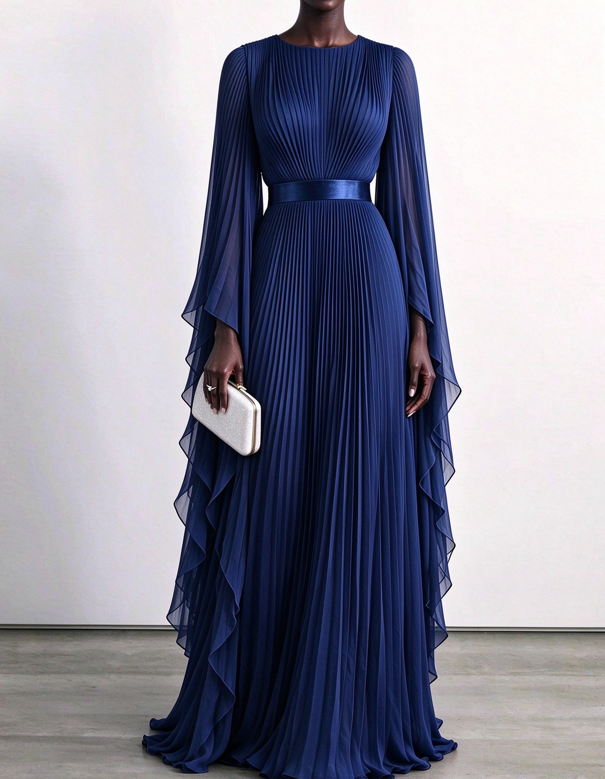 Pleated Chiffon Cape Sleeve Maxi Dress