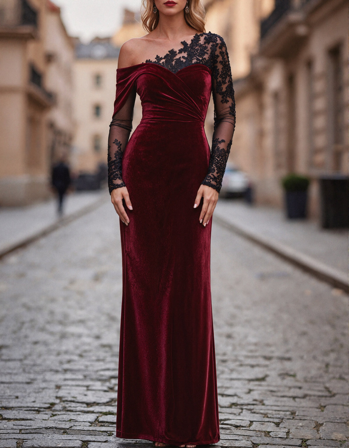 Solid Color Velvet With Lace Detailing Maxi Dress