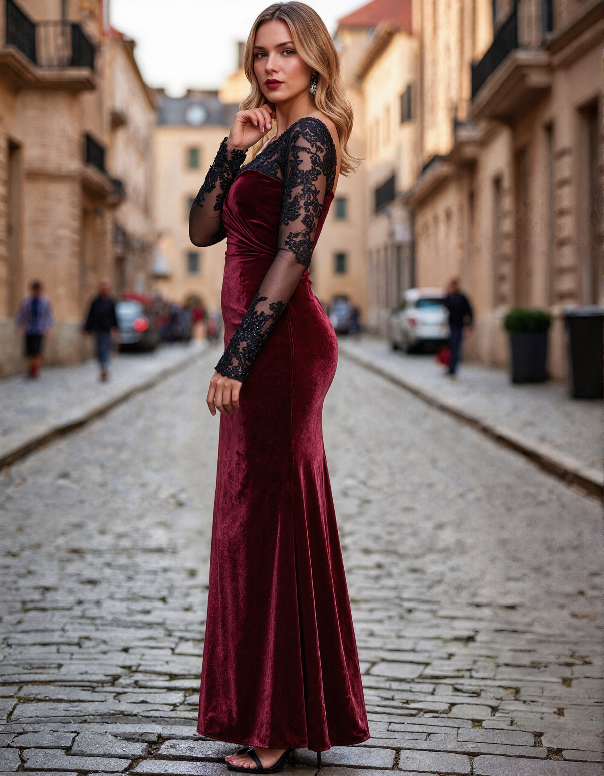 Solid Color Velvet With Lace Detailing Maxi Dress