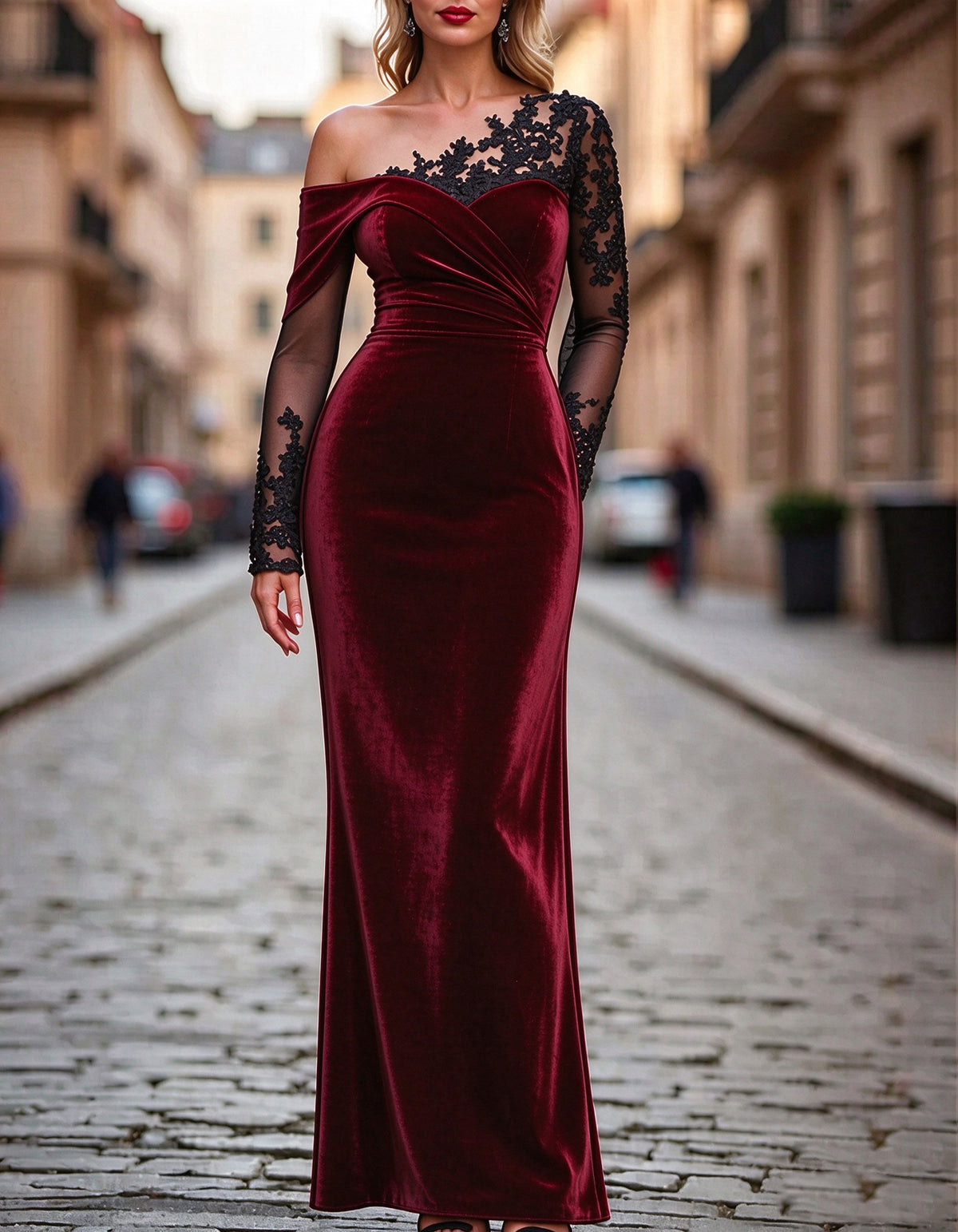 Solid Color Velvet With Lace Detailing Maxi Dress