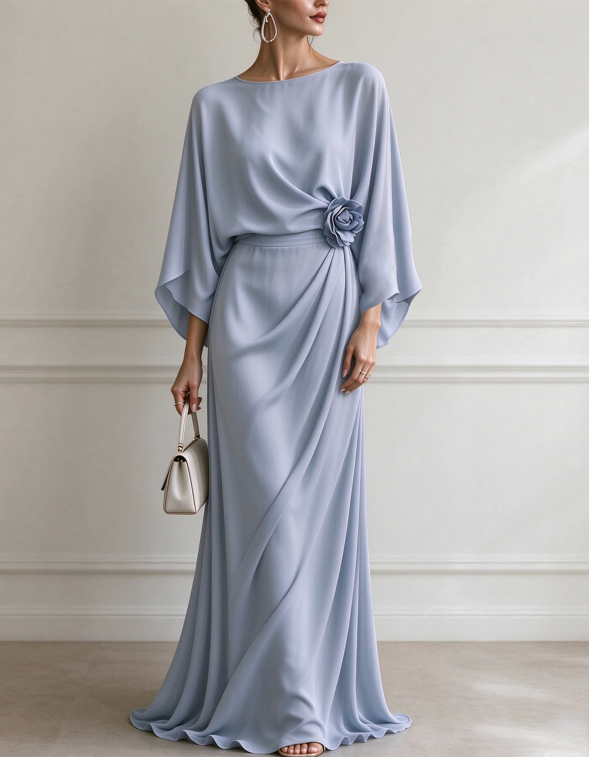 Solid Color Boat Neck Batwing Sleeves Maxi Dress