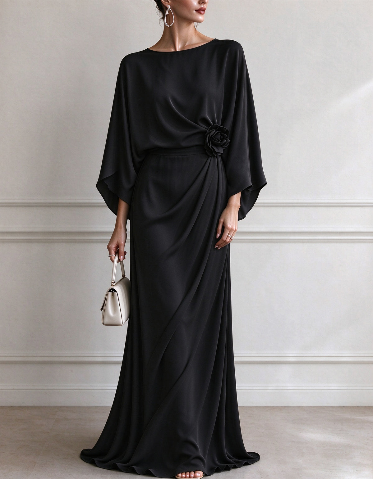 Solid Color Boat Neck Batwing Sleeves Maxi Dress