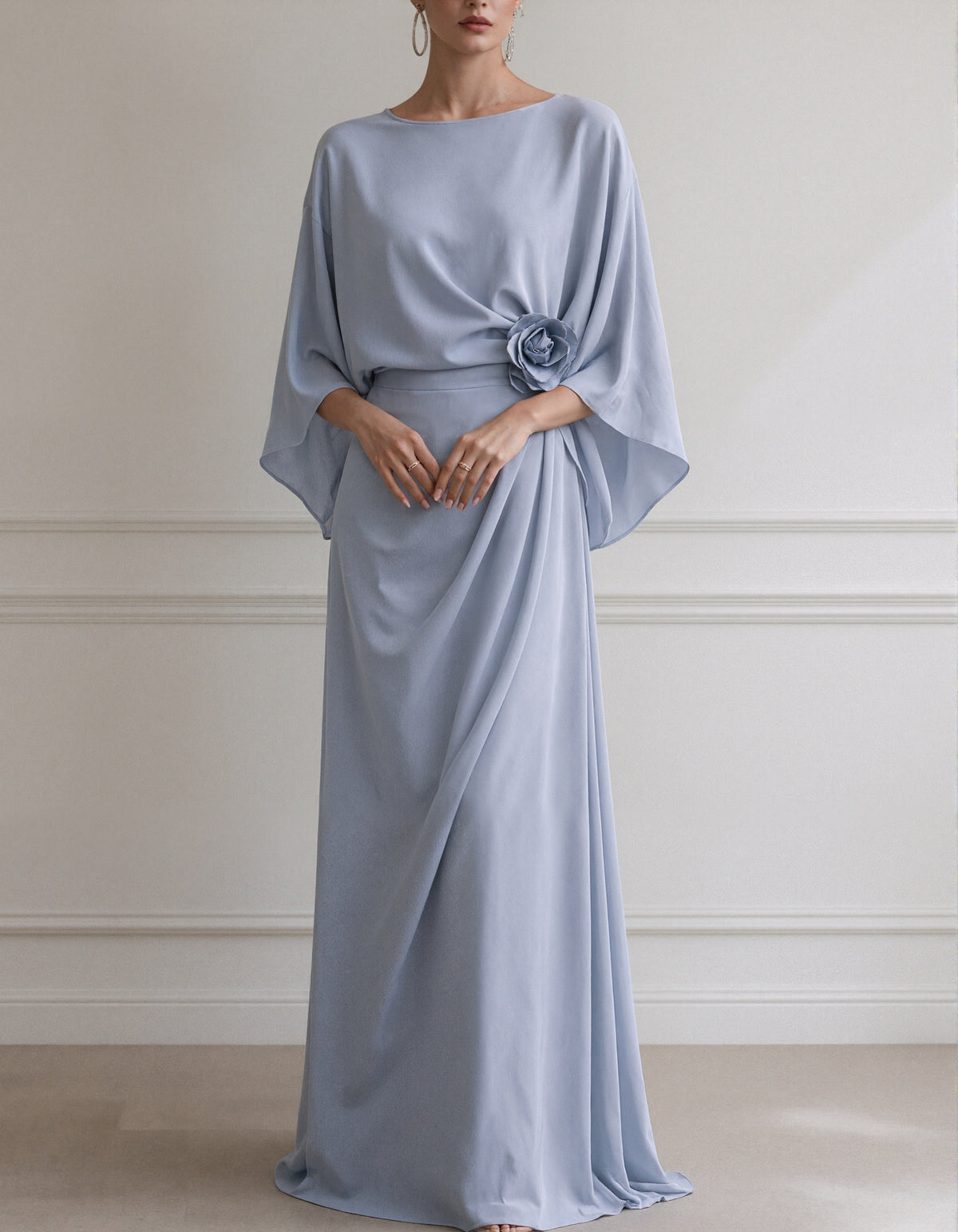 Solid Color Boat Neck Batwing Sleeves Maxi Dress