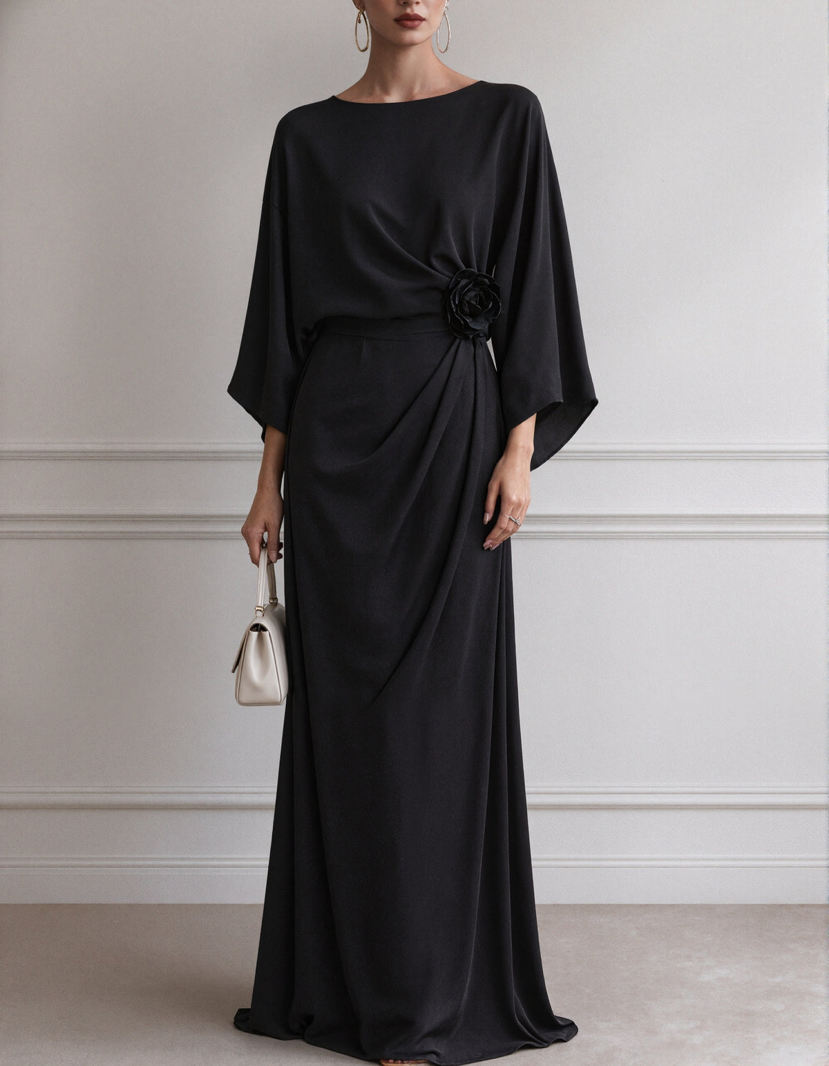 Solid Color Boat Neck Batwing Sleeves Maxi Dress