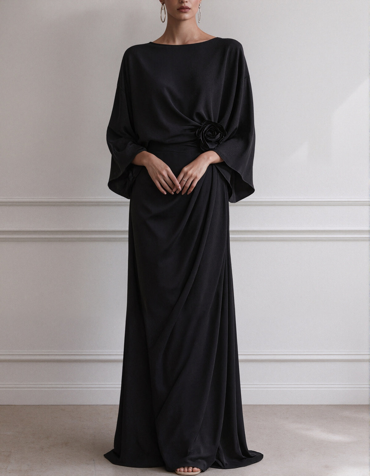 Solid Color Boat Neck Batwing Sleeves Maxi Dress