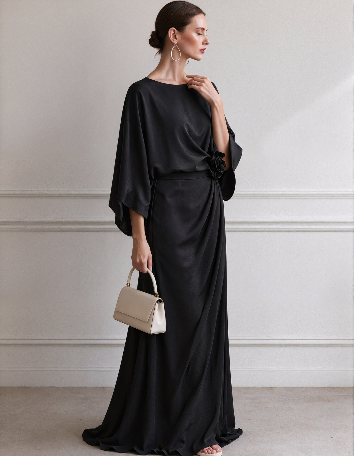 Solid Color Boat Neck Batwing Sleeves Maxi Dress