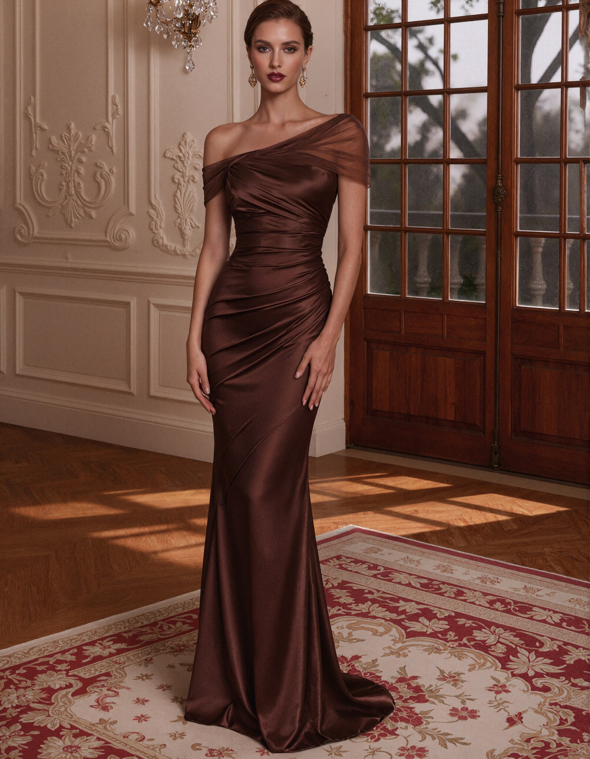 Solid Color One Shoulder Satin Mermaid Maxi Dress