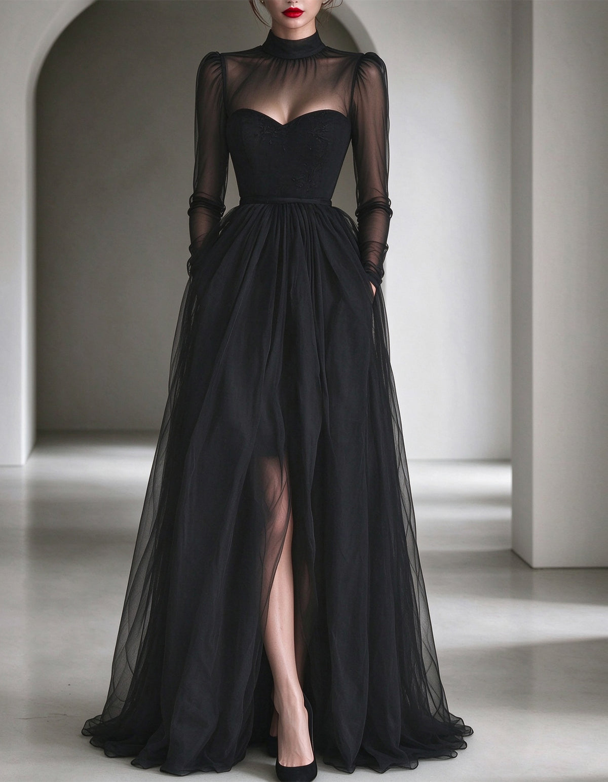 Black Sheer Tulle A-line Maxi Dress