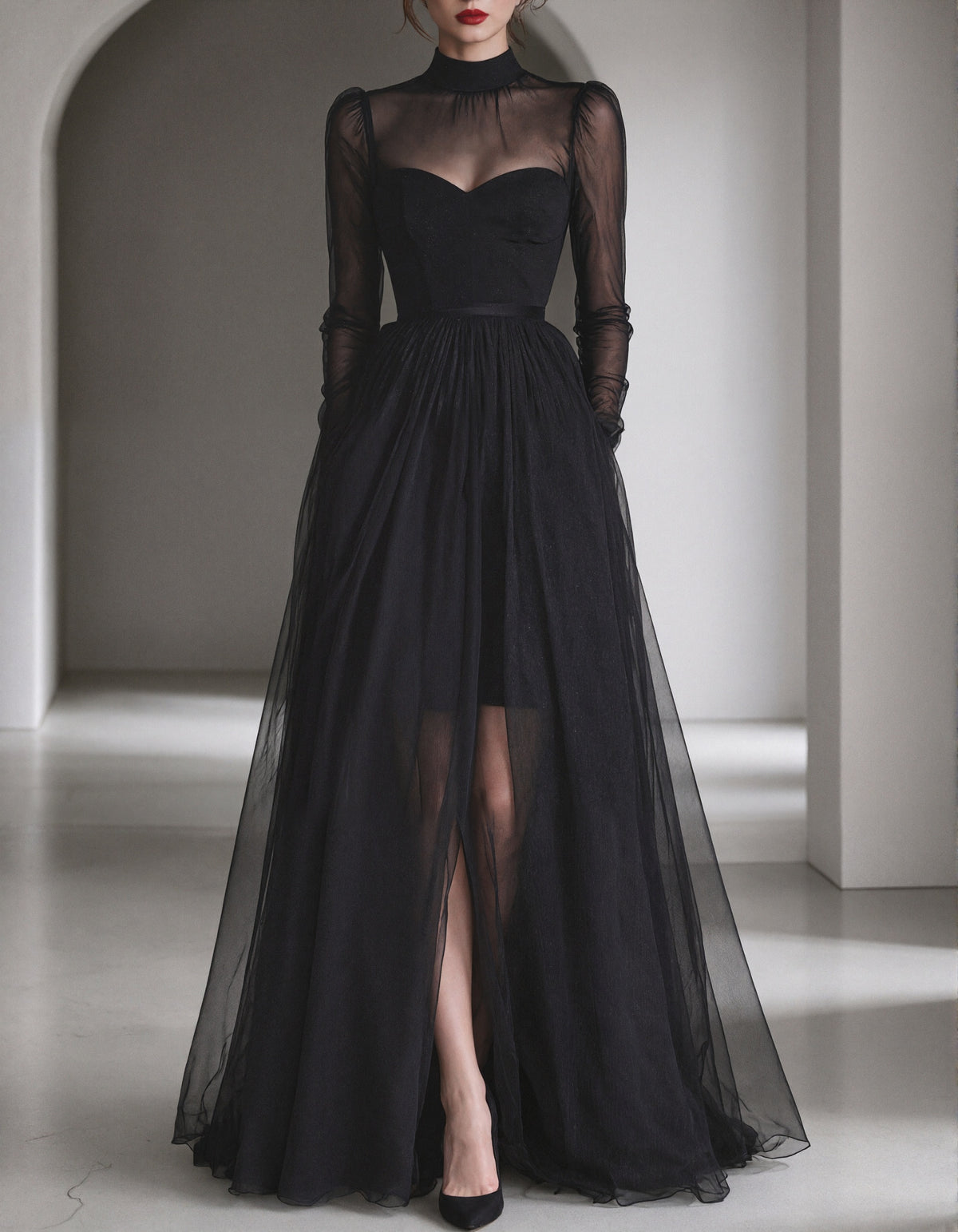 Black Sheer Tulle A-line Maxi Dress