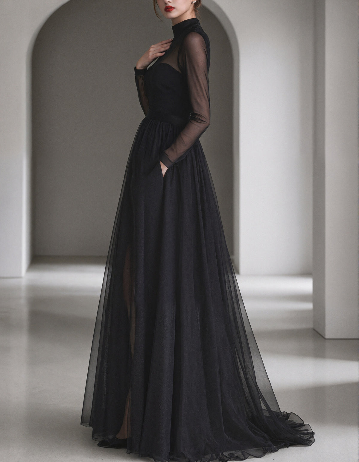 Black Sheer Tulle A-line Maxi Dress