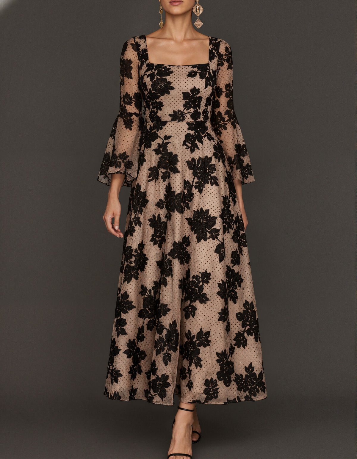Black Flocked Floral Lace Midi Dress