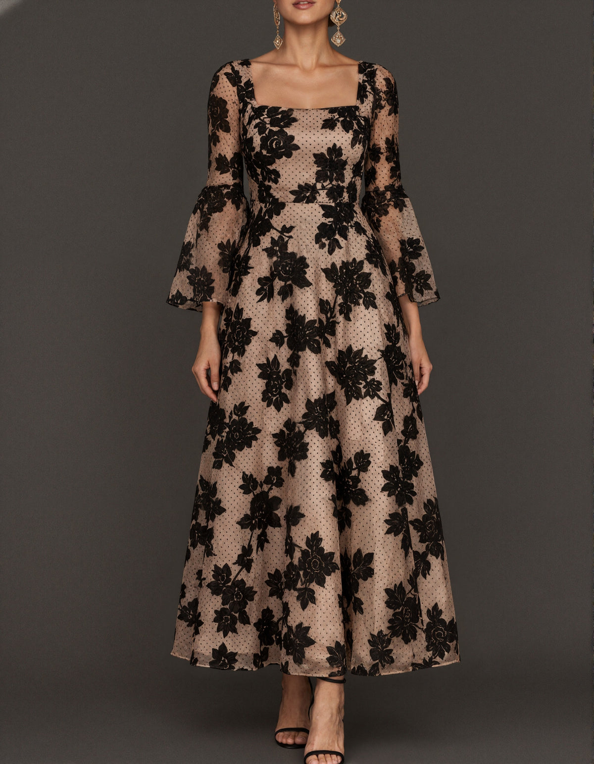 Black Flocked Floral Lace Midi Dress