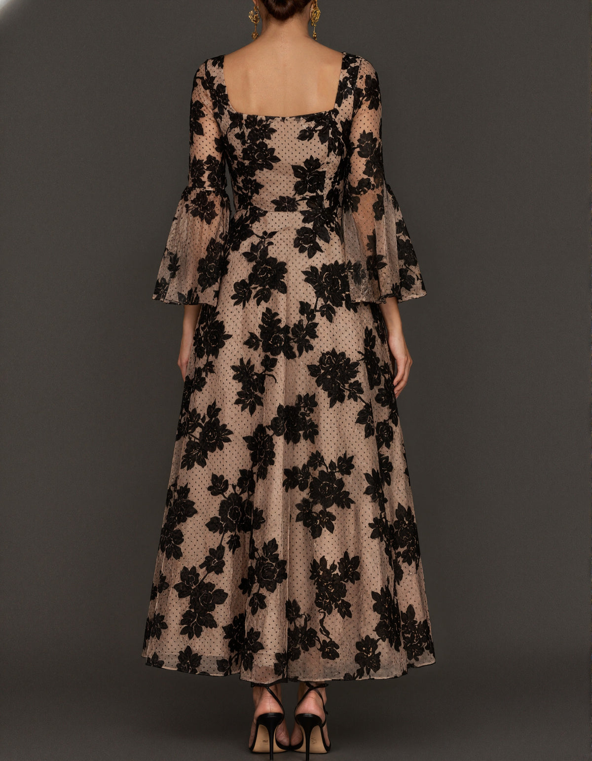 Black Flocked Floral Lace Midi Dress