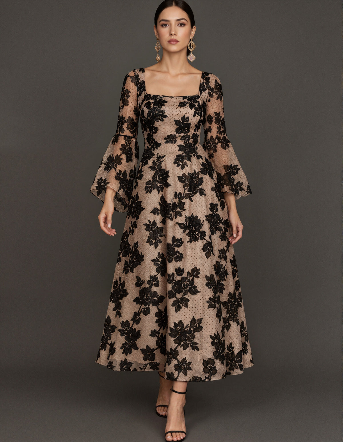 Black Flocked Floral Lace Midi Dress