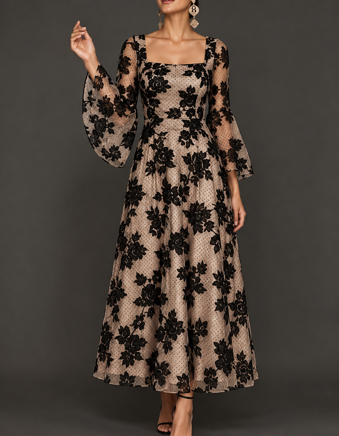 Black Flocked Floral Lace Midi Dress