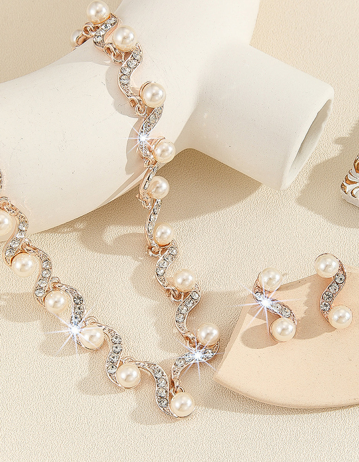 Pearl Wave Geometric Necklace and Earring 2-Piece Set