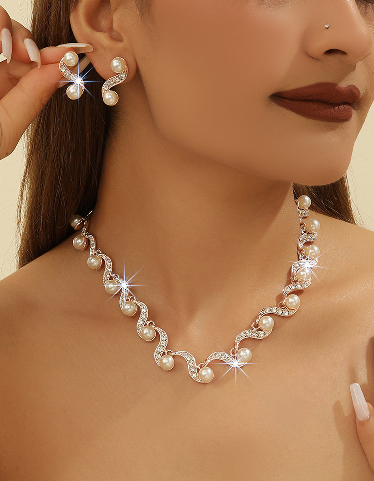 Pearl Wave Geometric Necklace and Earring 2-Piece Set