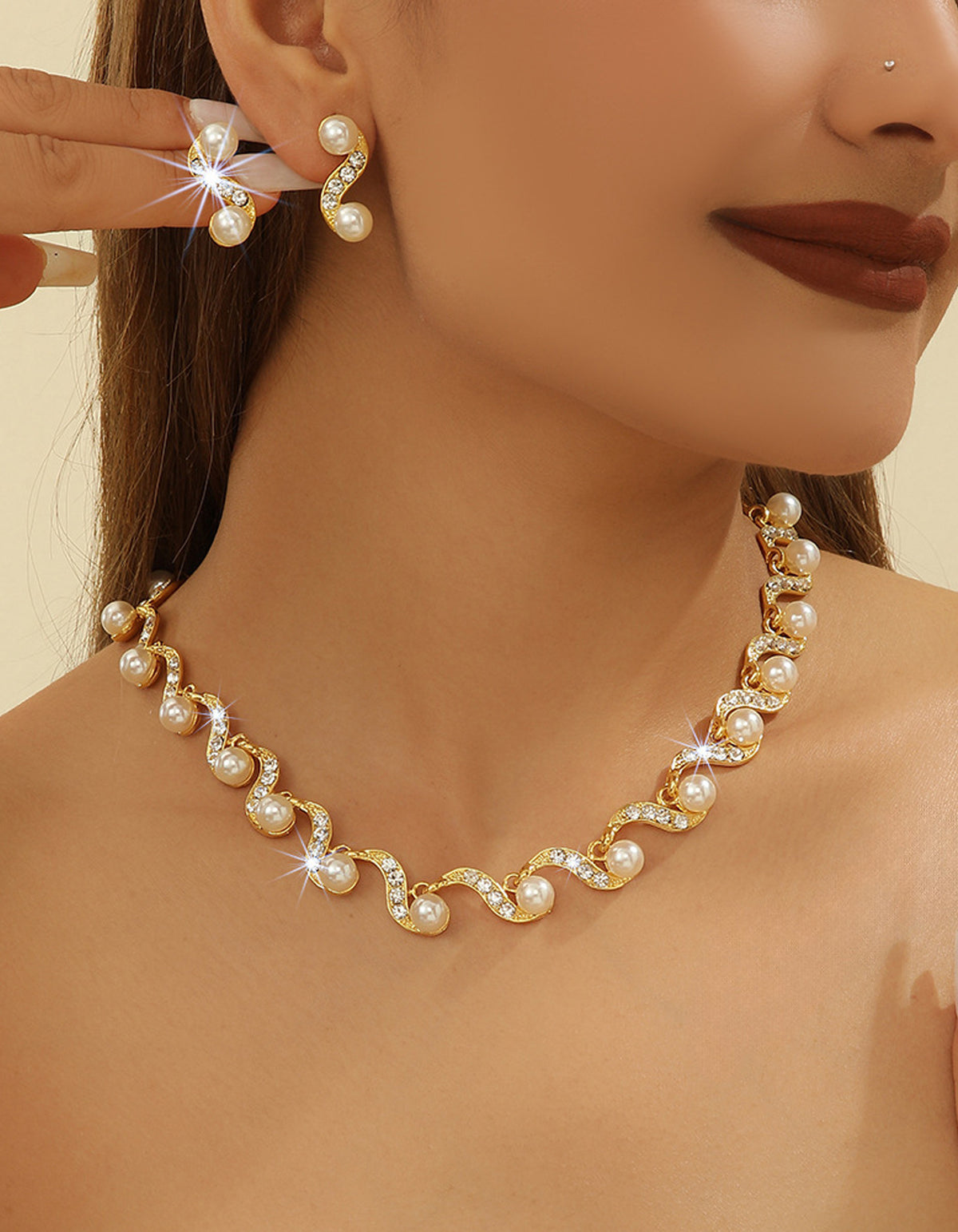 Pearl Wave Geometric Necklace and Earring 2-Piece Set