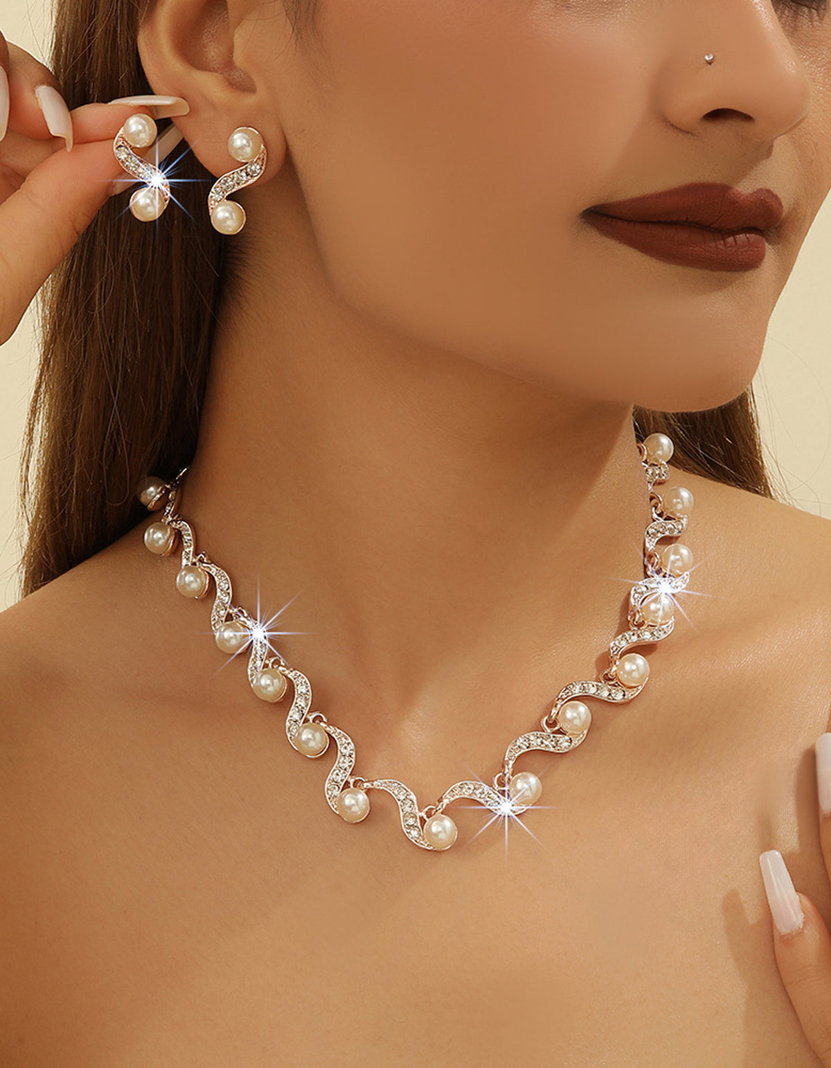Pearl Wave Geometric Necklace and Earring 2-Piece Set