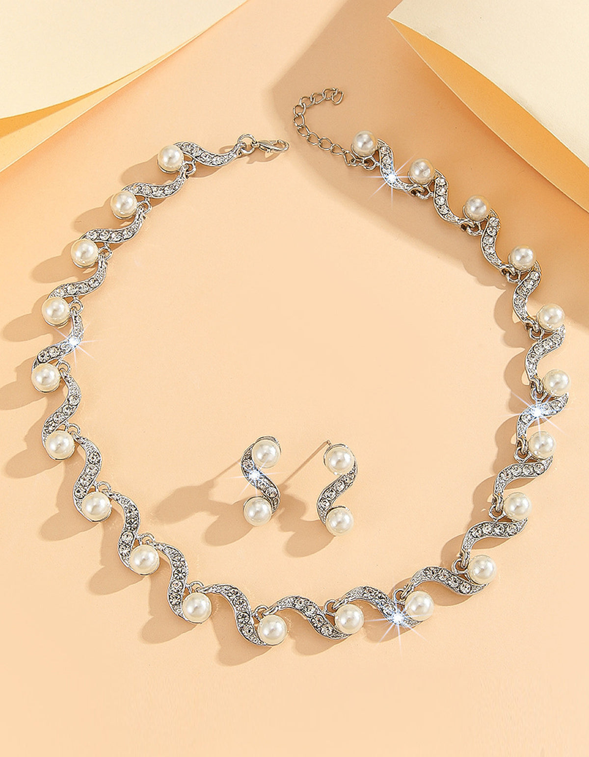Pearl Wave Geometric Necklace and Earring 2-Piece Set