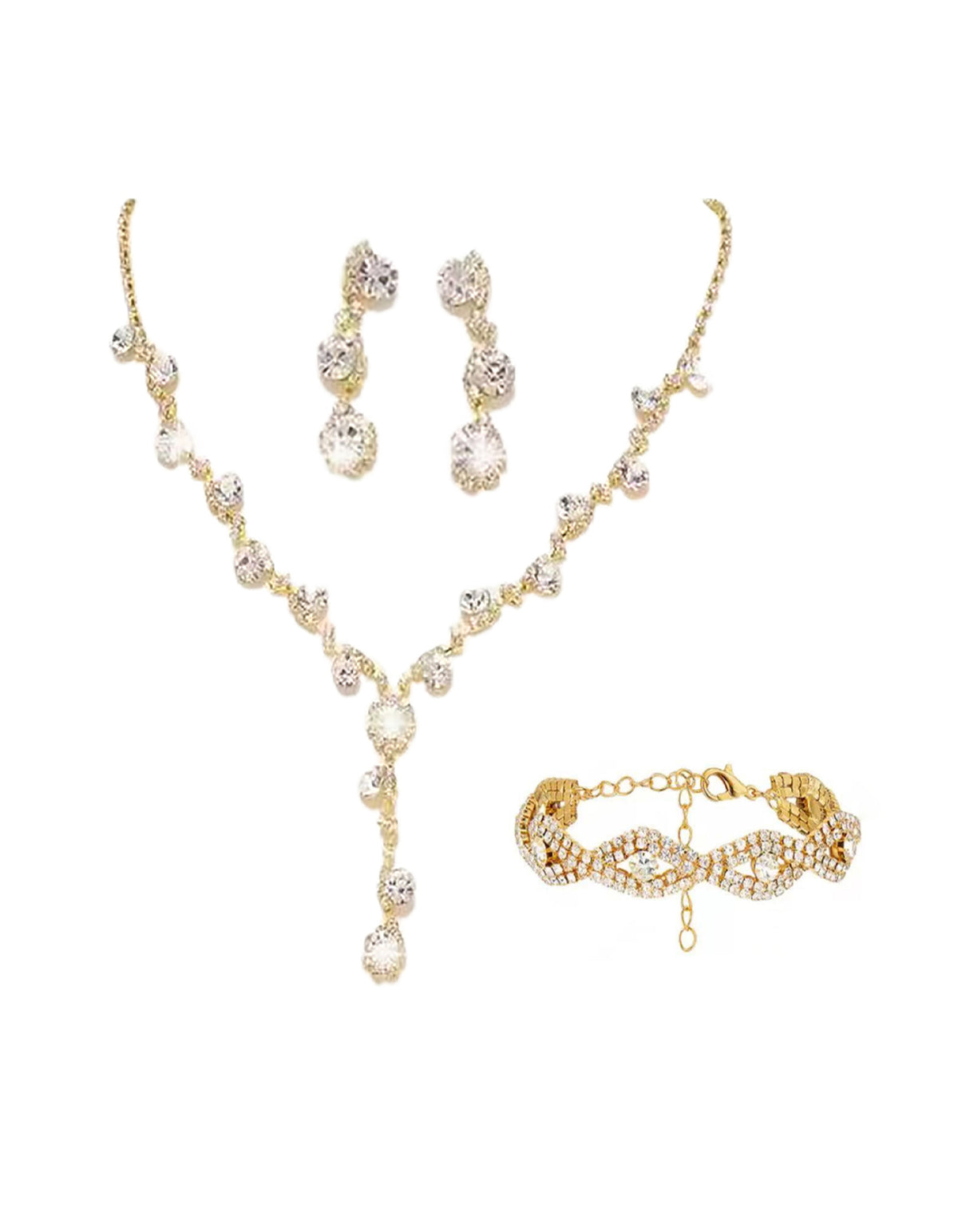 Rhinestone Cup Chain Necklace And Earrings & Bracelet 3-Piece Set