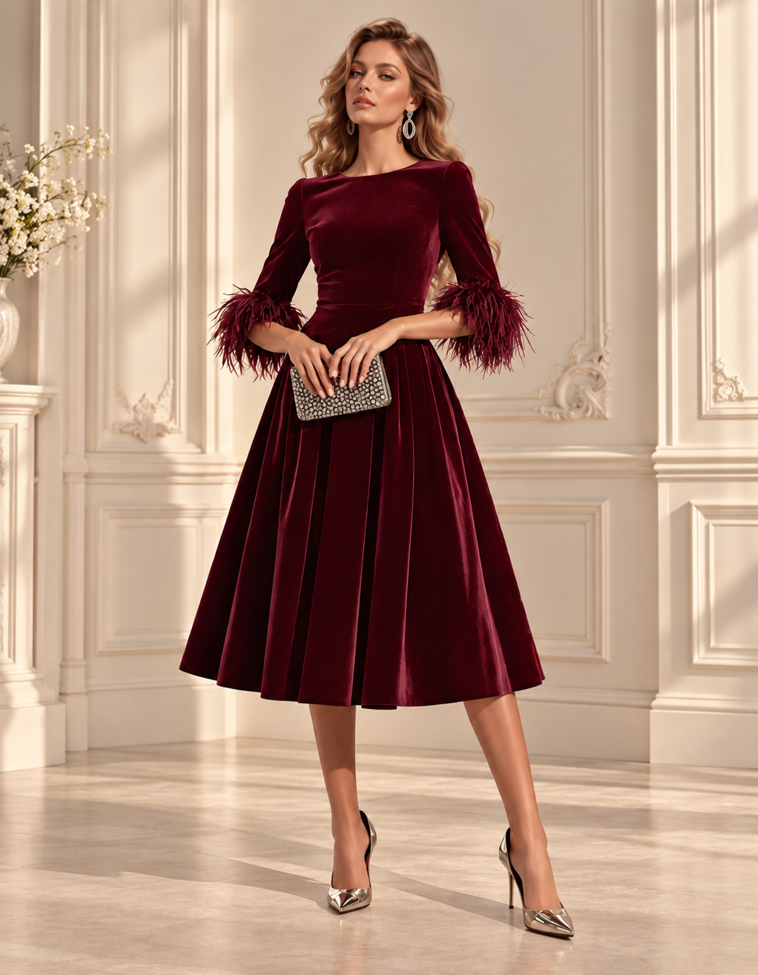 Burgundy Velvet With Feather Cuffs Midi Dress