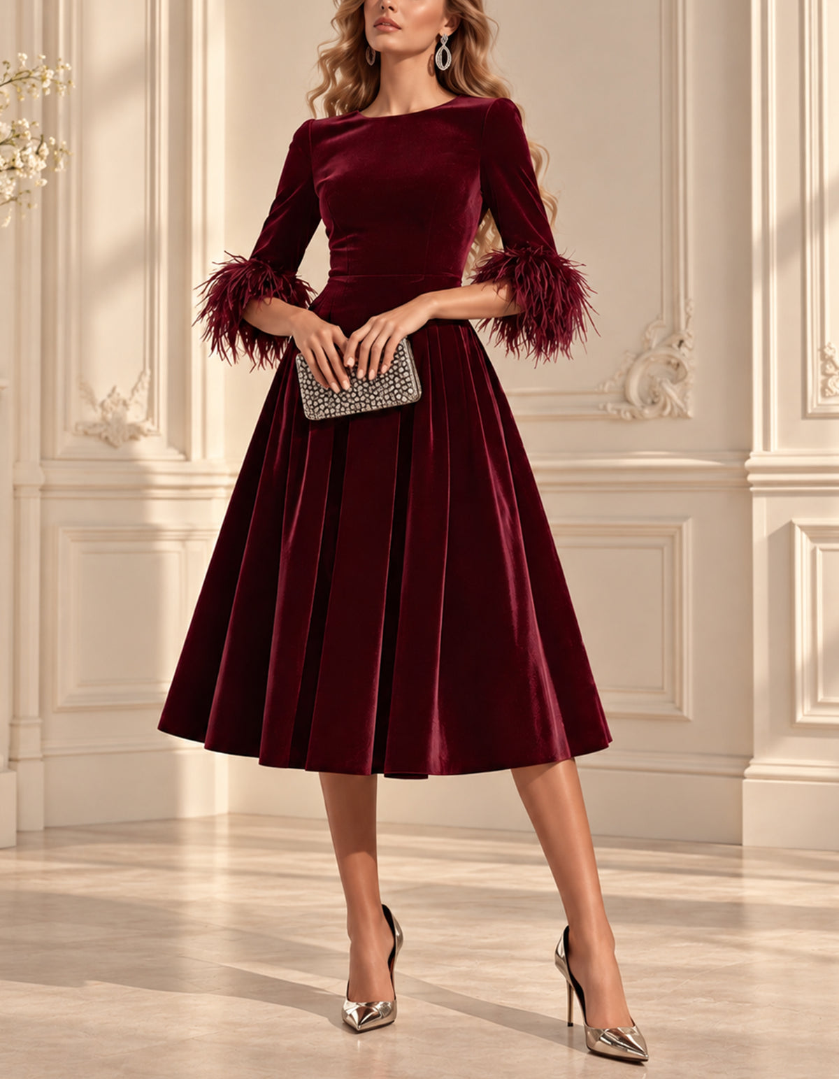 Burgundy Velvet With Feather Cuffs Midi Dress