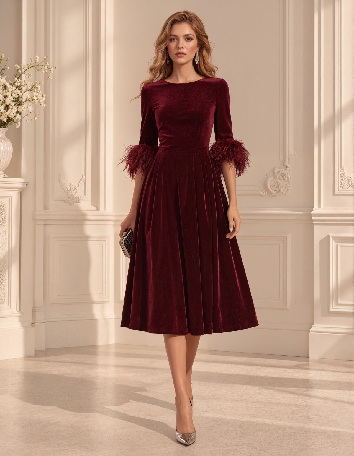 Burgundy Velvet With Feather Cuffs Midi Dress