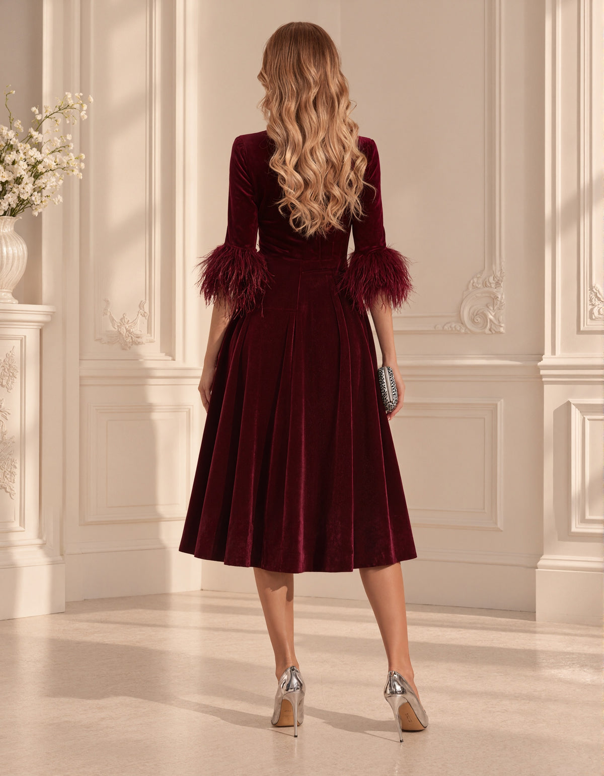 Burgundy Velvet With Feather Cuffs Midi Dress