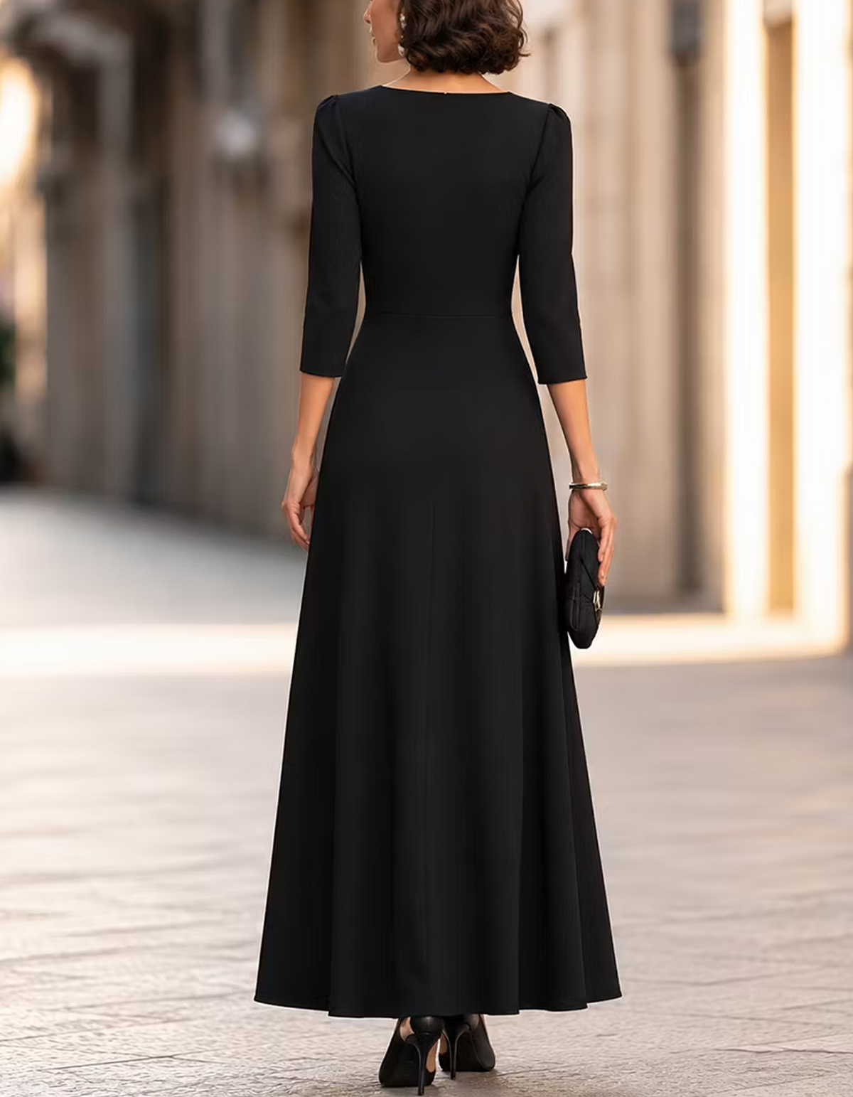 V-Neck 3/4 Sleeve With 3D Flower Maxi Dress