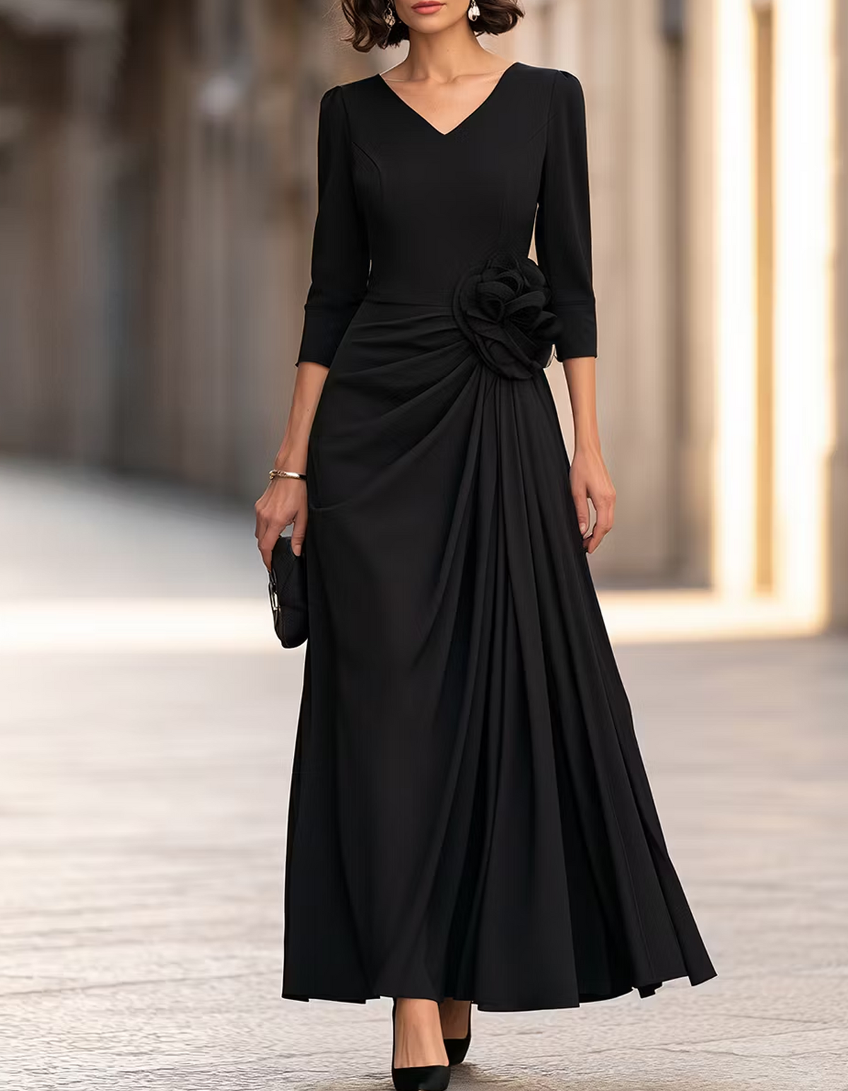 V-Neck 3/4 Sleeve With 3D Flower Maxi Dress
