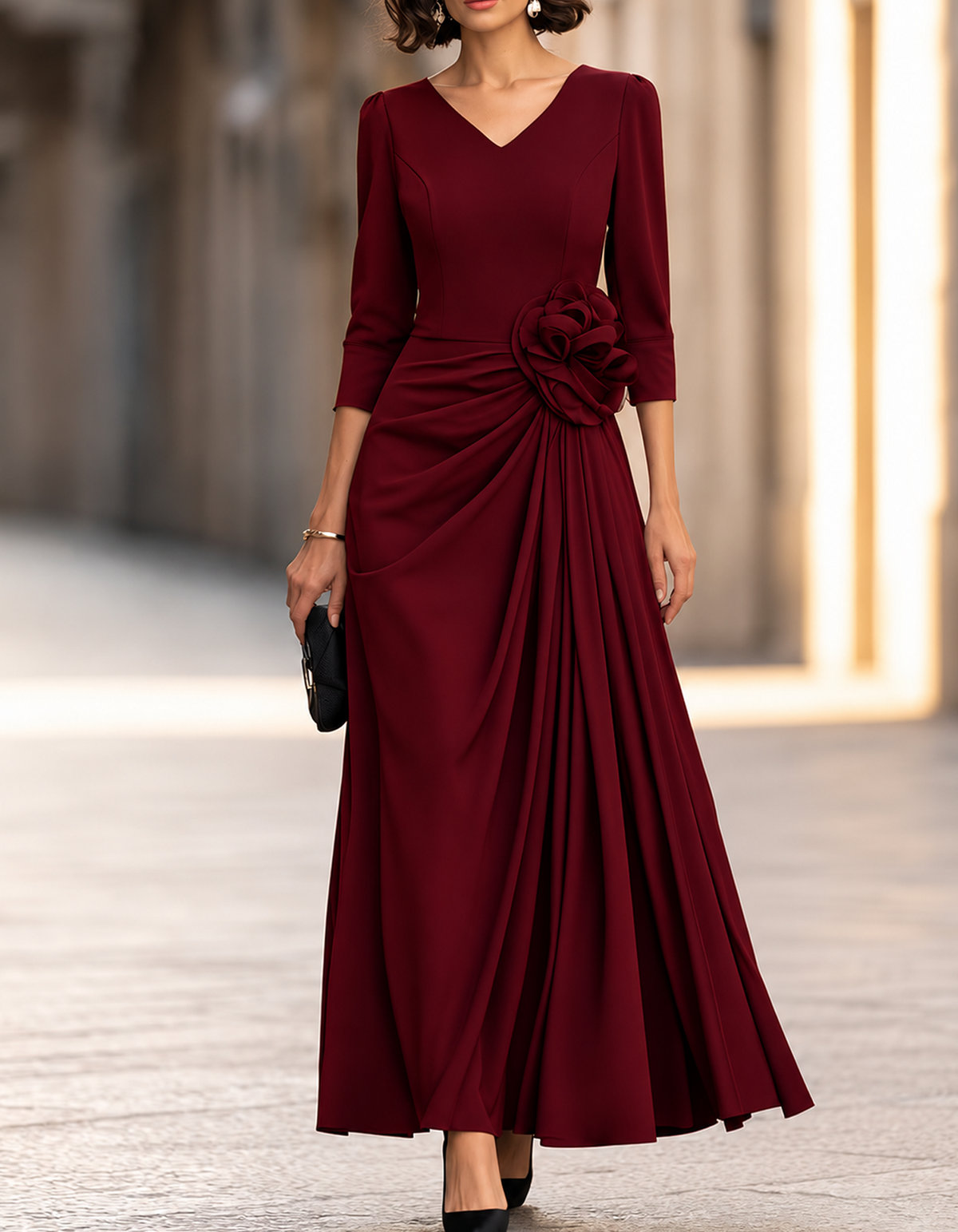 V-Neck 3/4 Sleeve With 3D Flower Maxi Dress