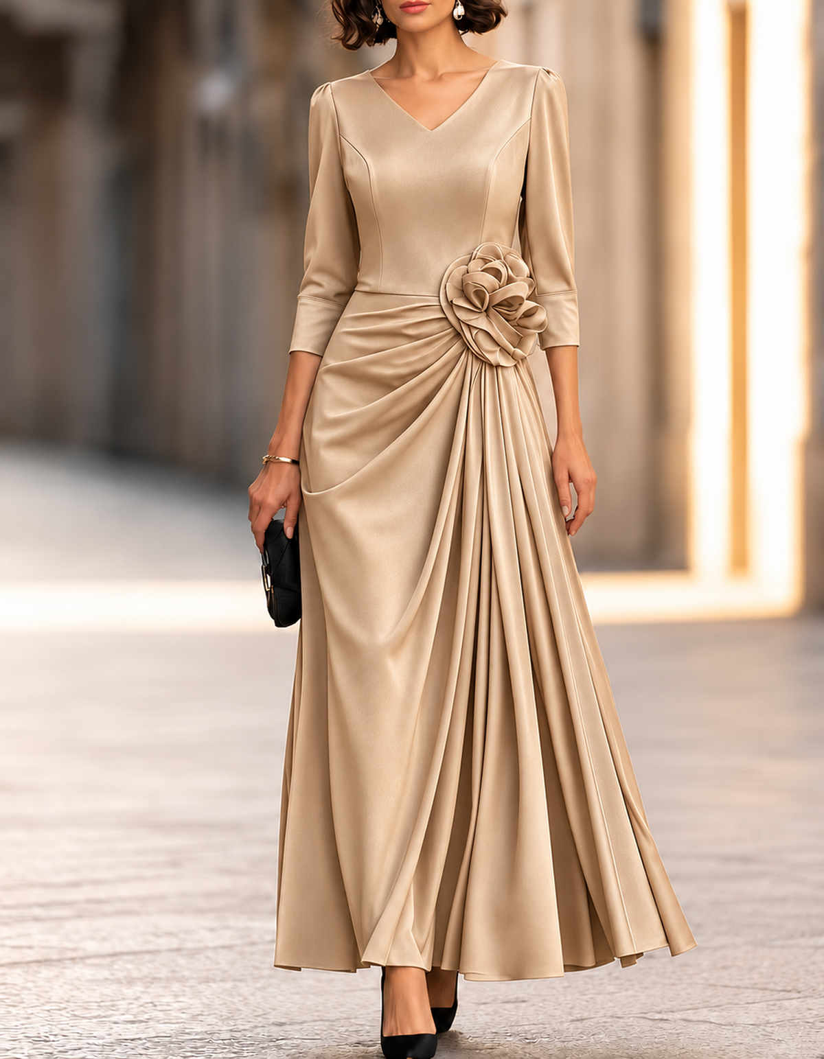 V-Neck 3/4 Sleeve With 3D Flower Maxi Dress
