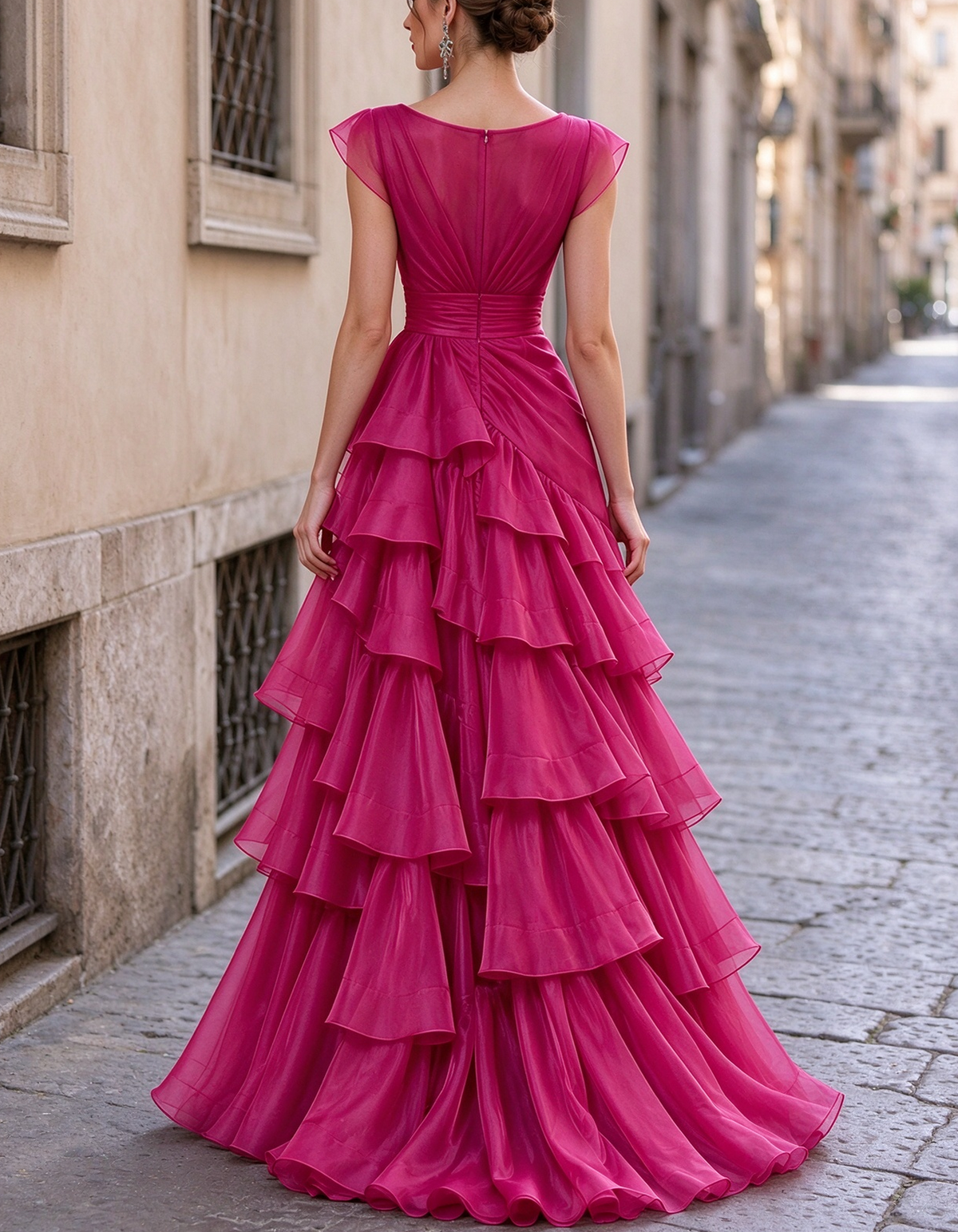 Boat Neck Tiered Organza Ruffle Evening Maxi Dress