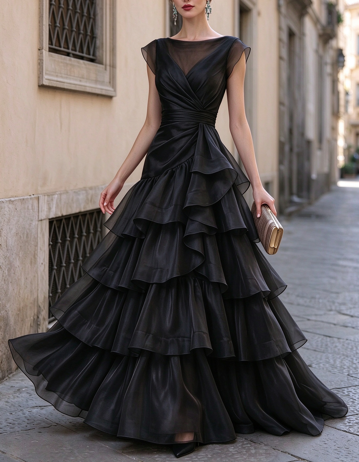 Boat Neck Tiered Organza Ruffle Evening Maxi Dress