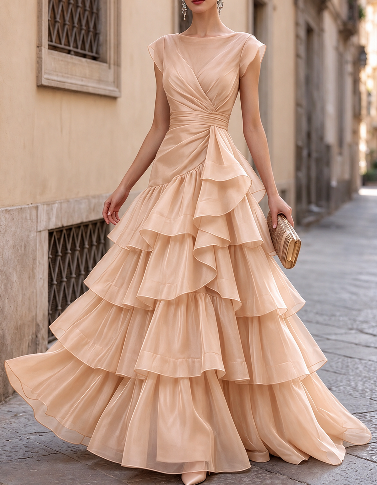 Boat Neck Tiered Organza Ruffle Evening Maxi Dress