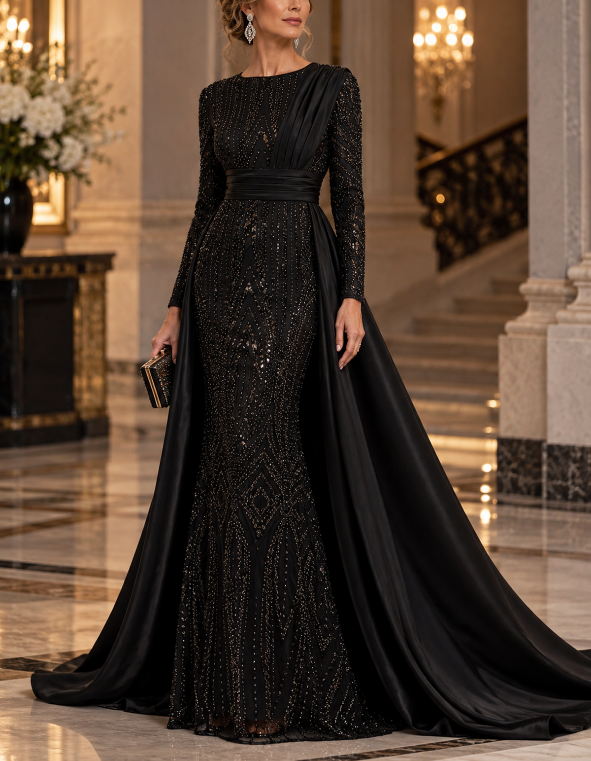 Round Neck Long Sleeve Beaded Mermaid with Satin Overskirt Maxi Dress