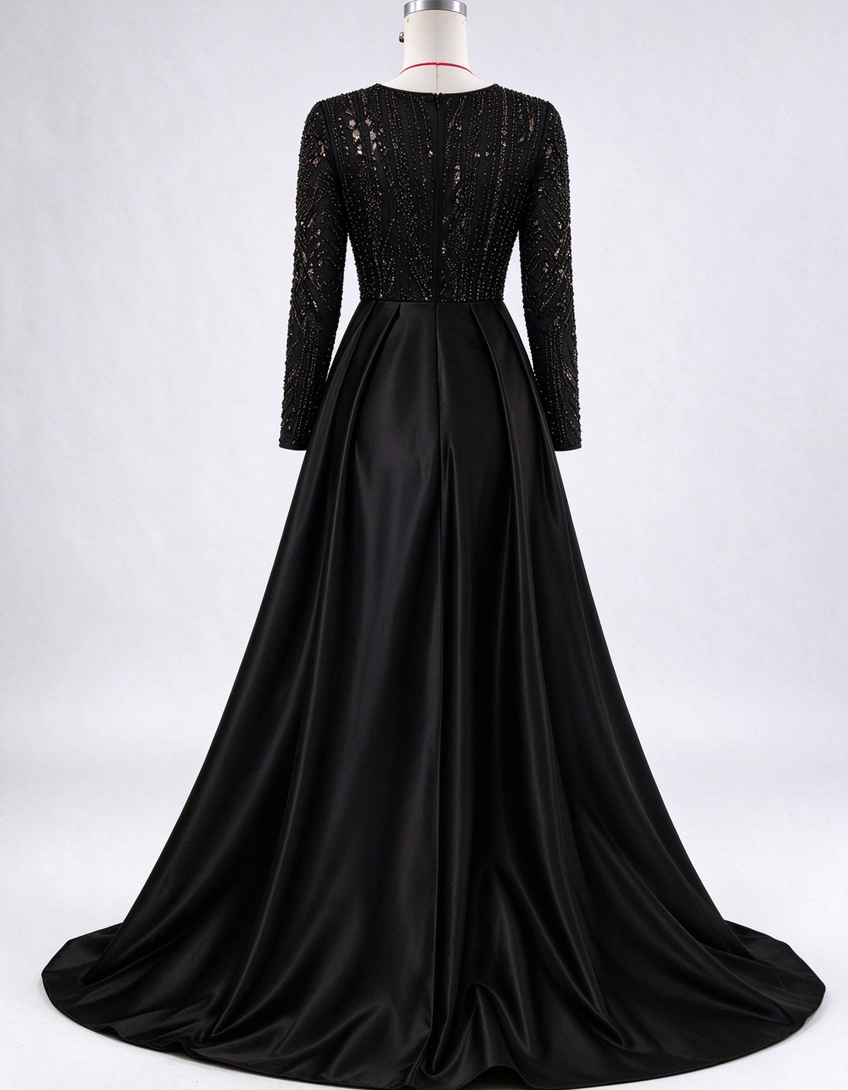 Round Neck Long Sleeve Beaded Mermaid with Satin Overskirt Maxi Dress