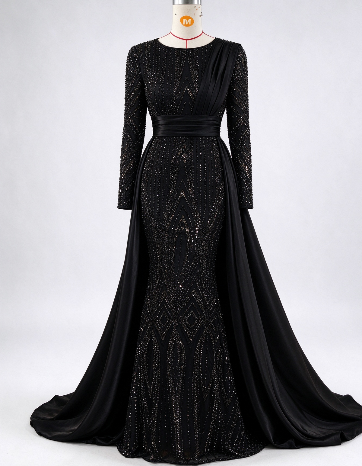 Round Neck Long Sleeve Beaded Mermaid with Satin Overskirt Maxi Dress