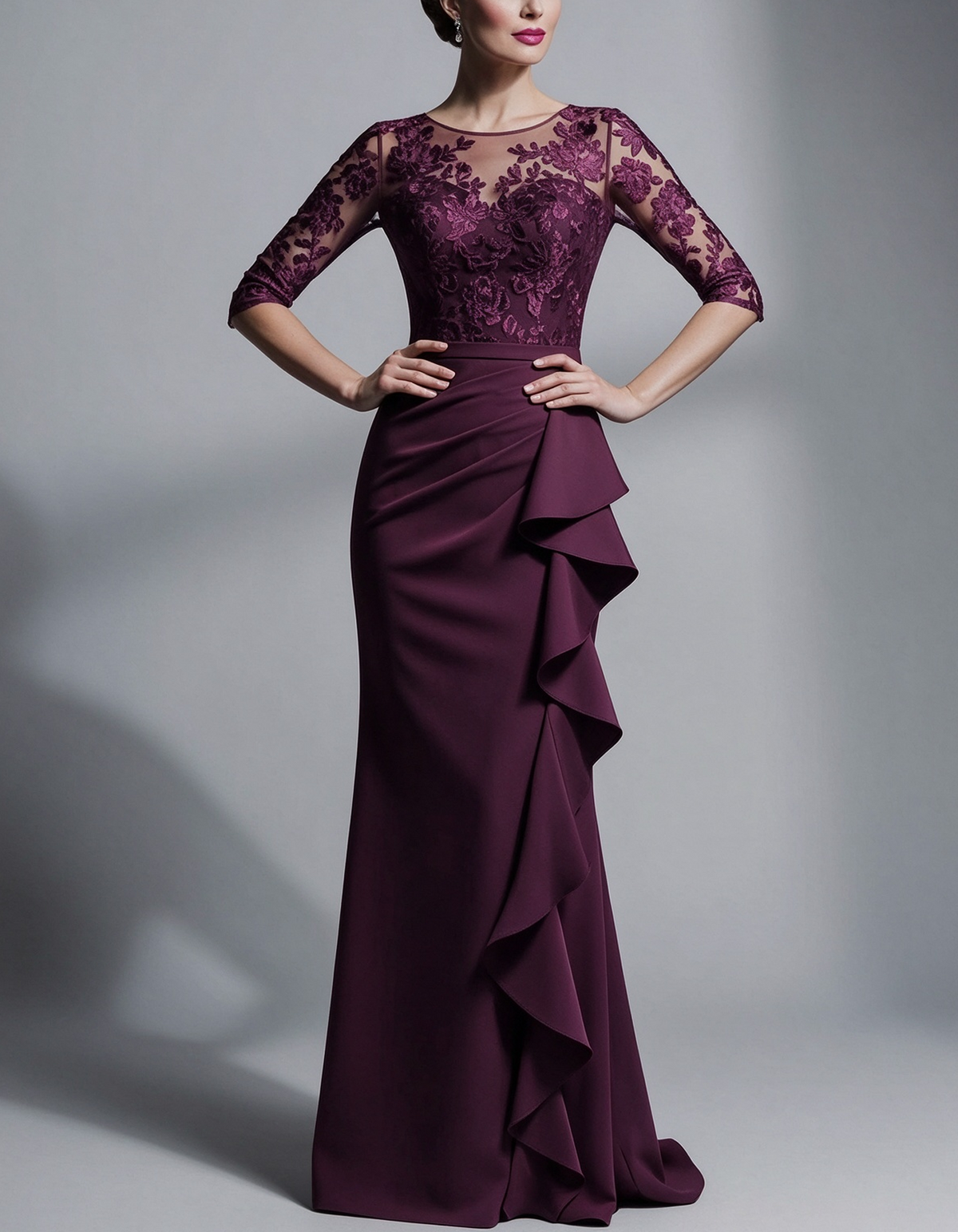 Lace Illusion Neck with Side Ruffle Maxi Dress