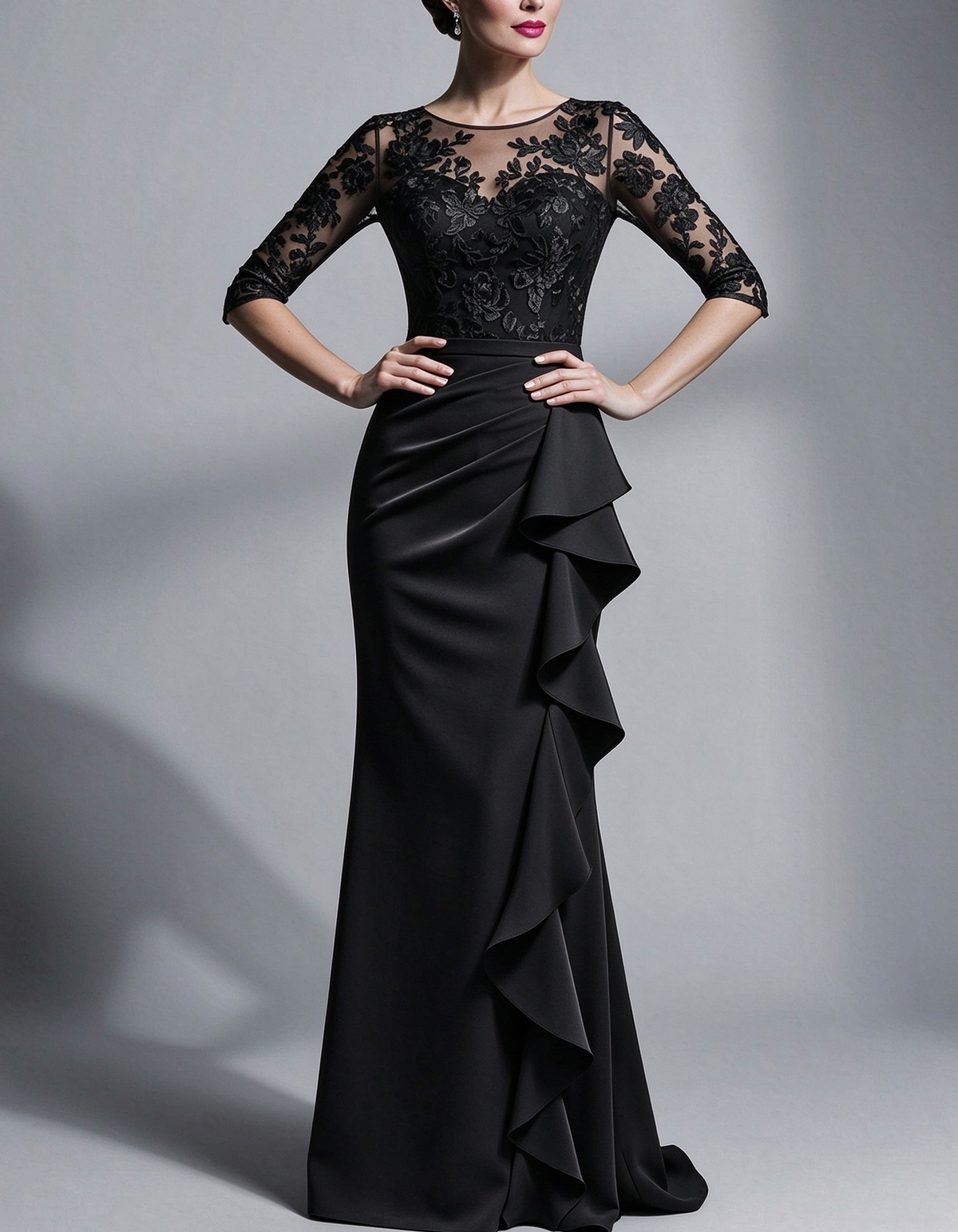 Lace Illusion Neck with Side Ruffle Maxi Dress