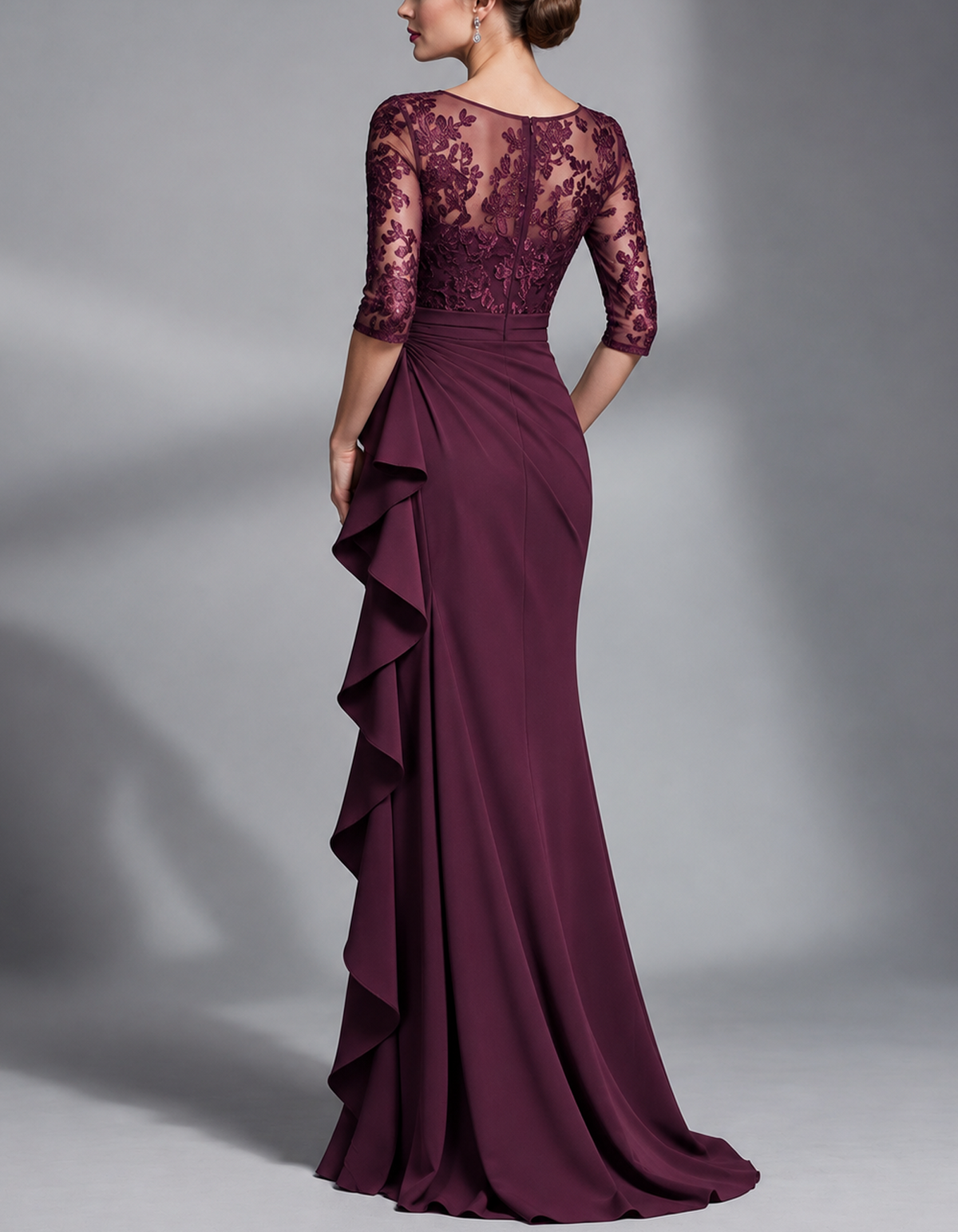 Lace Illusion Neck with Side Ruffle Maxi Dress