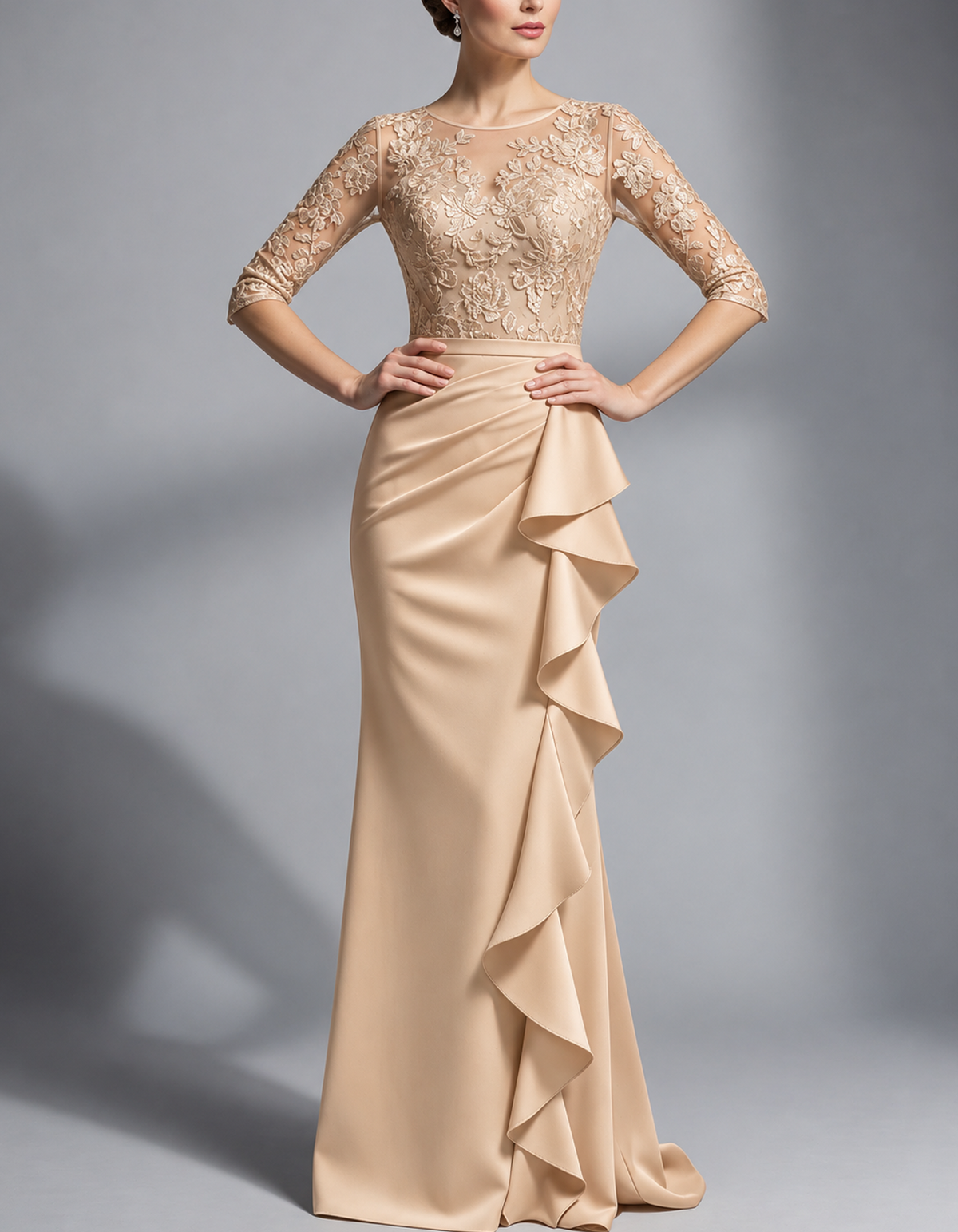 Lace Illusion Neck with Side Ruffle Maxi Dress