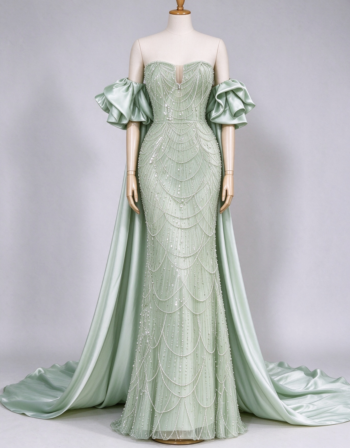 Green Off The Shoulder Heavy Beaded Satin Cape Mermaid Evening Maxi Dress