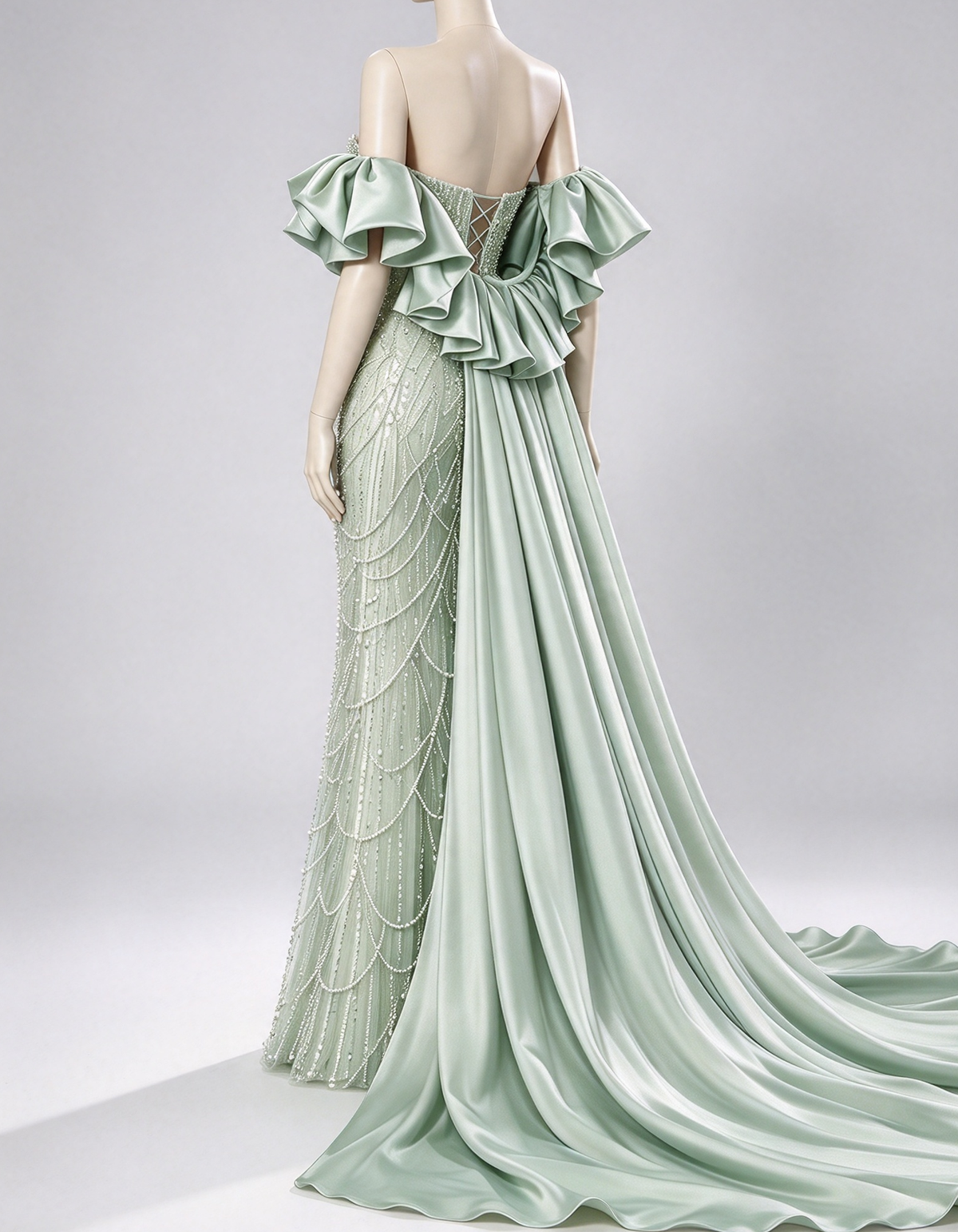 Green Off The Shoulder Heavy Beaded Satin Cape Mermaid Evening Maxi Dress