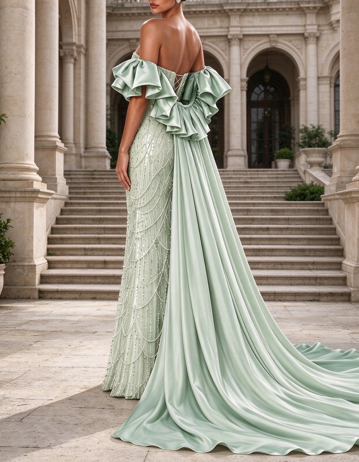 Green Off The Shoulder Heavy Beaded Satin Cape Mermaid Evening Maxi Dress