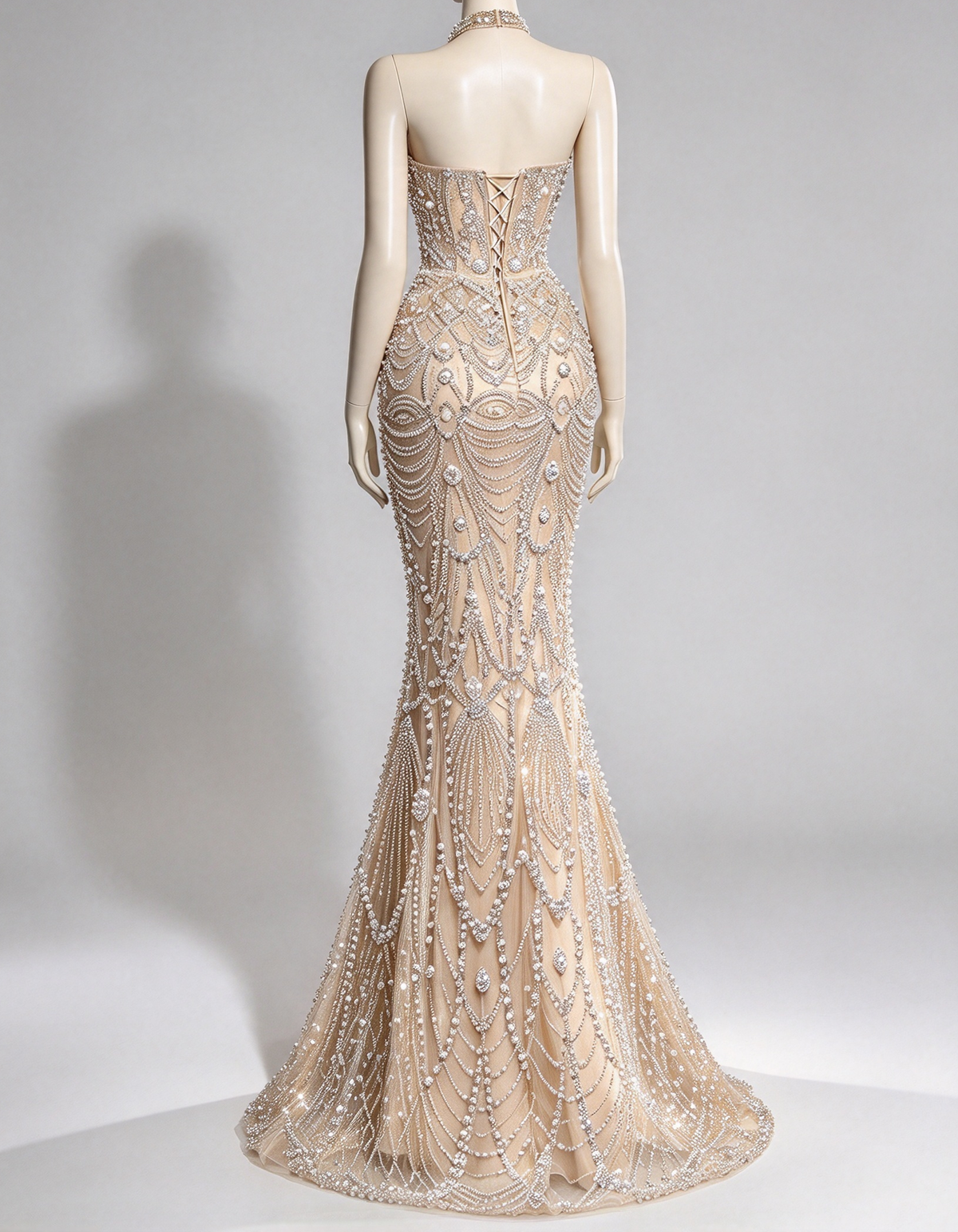 Light Champagne Halter Heavy Beaded Mermaid Evening Maxi Dress