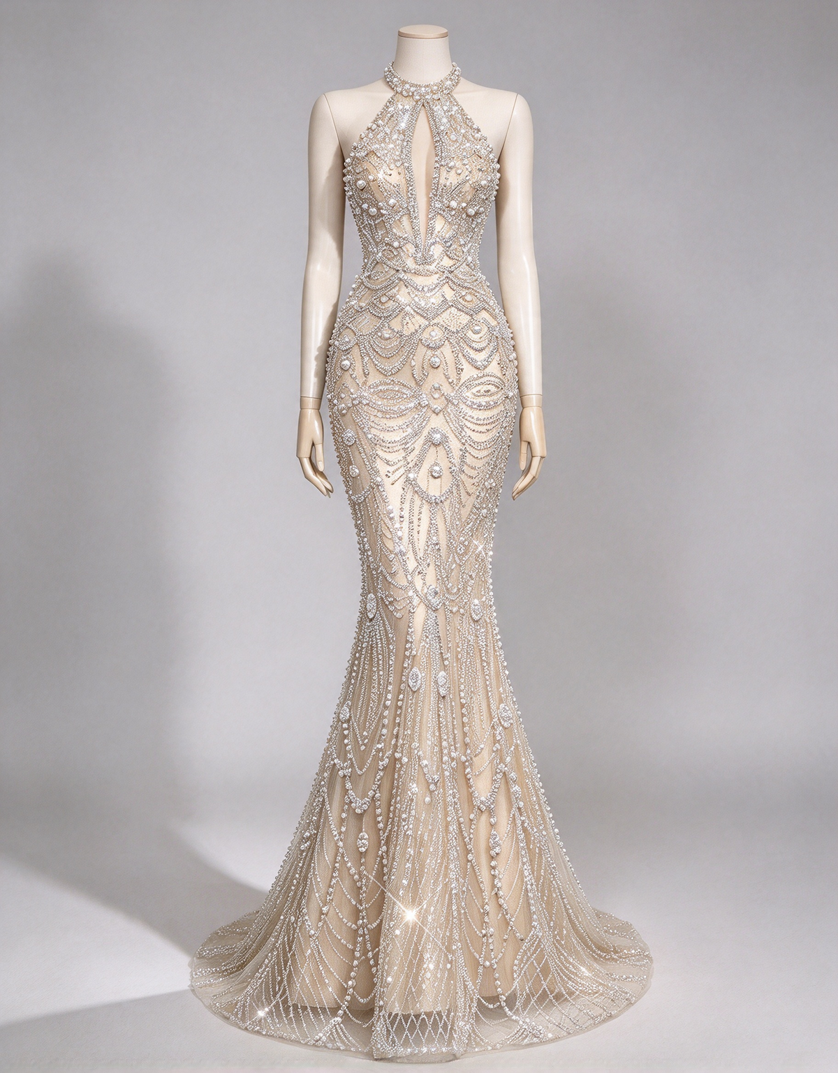 Light Champagne Halter Heavy Beaded Mermaid Evening Maxi Dress
